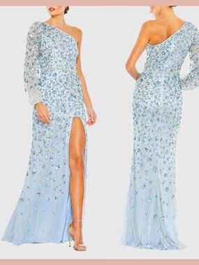 NWT $598 MAC DUGGAL [ 8 ] 5659 Embellished One Sleeve Faux Wrap‎ Gown Blue Q1092